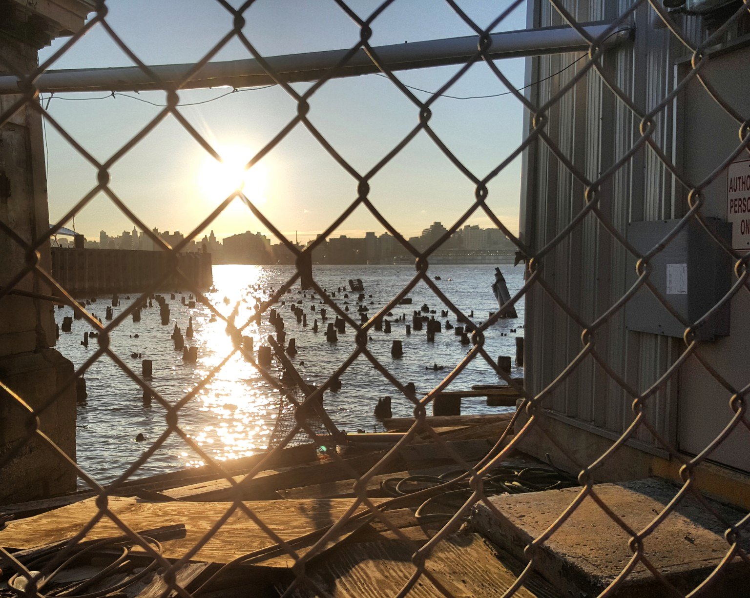 Closed waterfront terminal and evening light